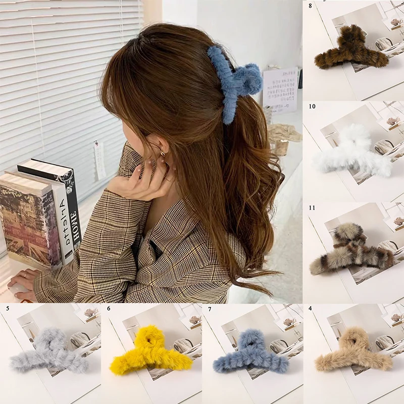 

Plush Hairclaws Faux Rabbit Fur Cross Hairpins Candy Color Hair Clip Geometric Leopard Print Candy Color Autumn Winter Fashion