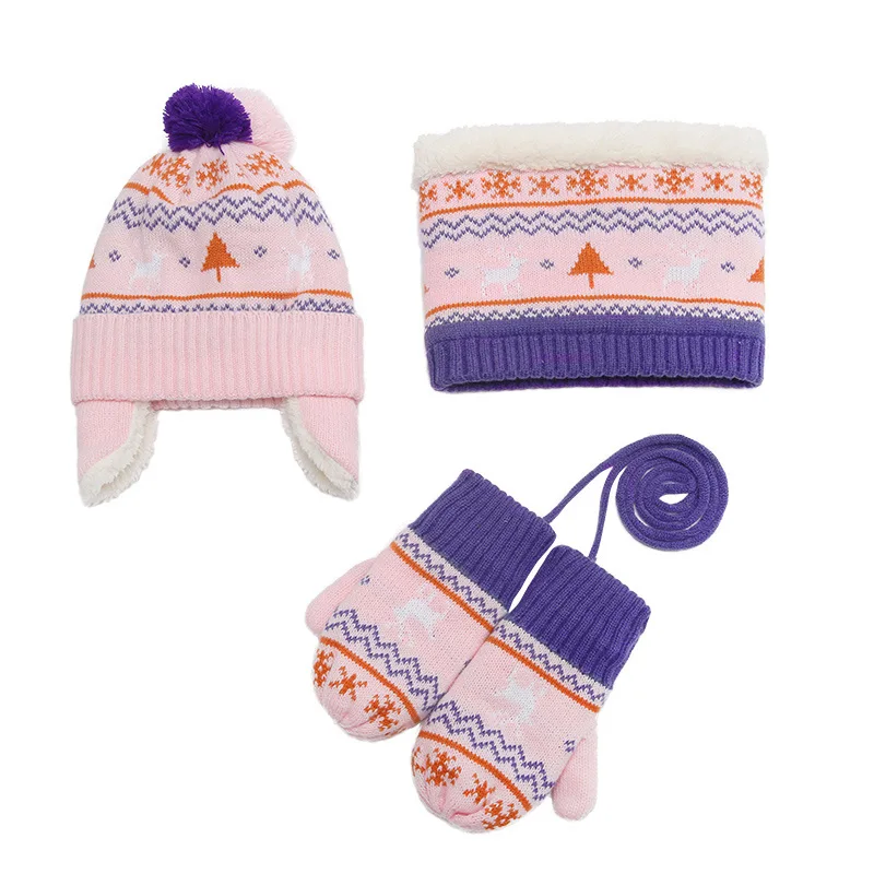 01 set 3pcs Зимняя детская теплая плотная шапка, шарф, перчатки, комплекты из 3 предметов, вязаные шапки для маленьких детей, шапки-бини для мальчиков и девочек, детские шапки с воротником, комплект перчаток - Цвет: 01 set 3pcs