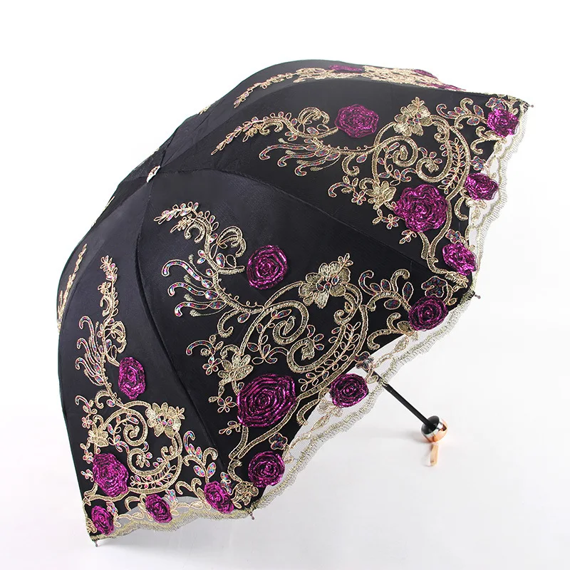 

Distinctive Embroidery Rain Sun Umbrella for Women Manual 3-Fold UV Umbrella for Female Artistic Lace Umbrella Exquisite Parasol