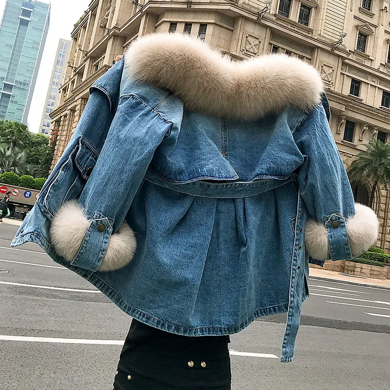 Парка с лисьим мехом зимняя джинсовая ветровка куртка хлопковой подкладкой