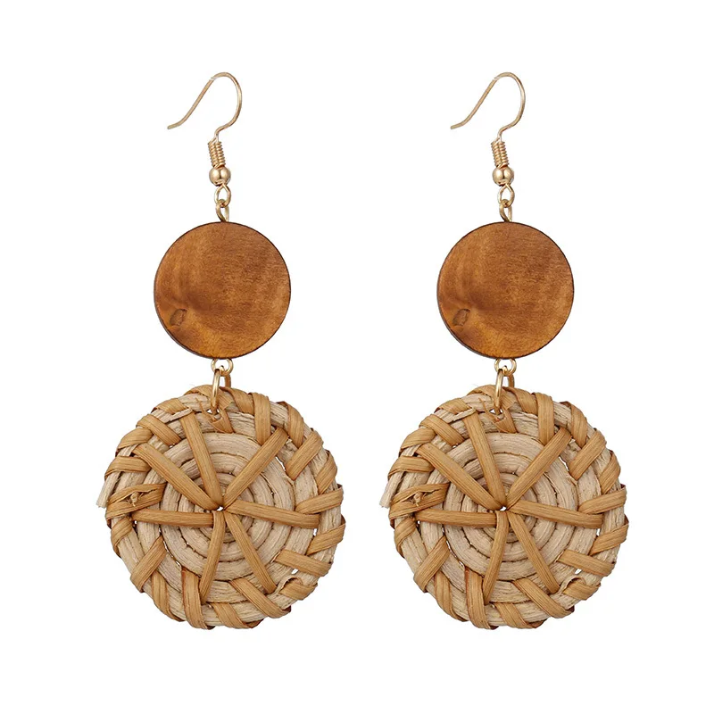 Классические модные круглые висячие серьги из ротанга с деревянным кристаллом
