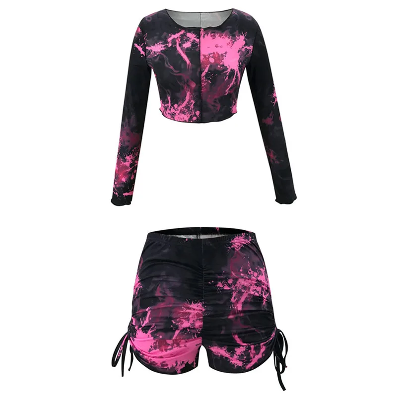 

Sexy Autumn Women 2 Piece Set Drawstring Shrinkage Elastic High Waist Slim Hips Shorts+O-Neck Long Sleeve Print Slim Short Top