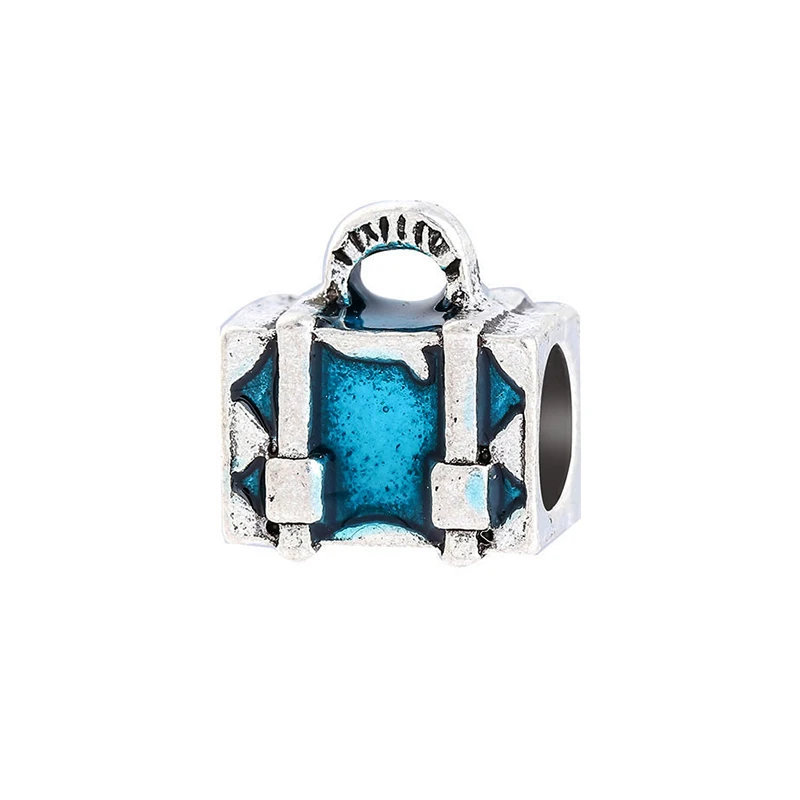 Blue Suitcase Новинка, сплав, бусина для отдыха, путешествий, Рождества, Радужный Шарм, Подходит для Пандора, браслет, ожерелье, сделай сам, Женские Ювелирные изделия - Цвет: Blue Suitcase