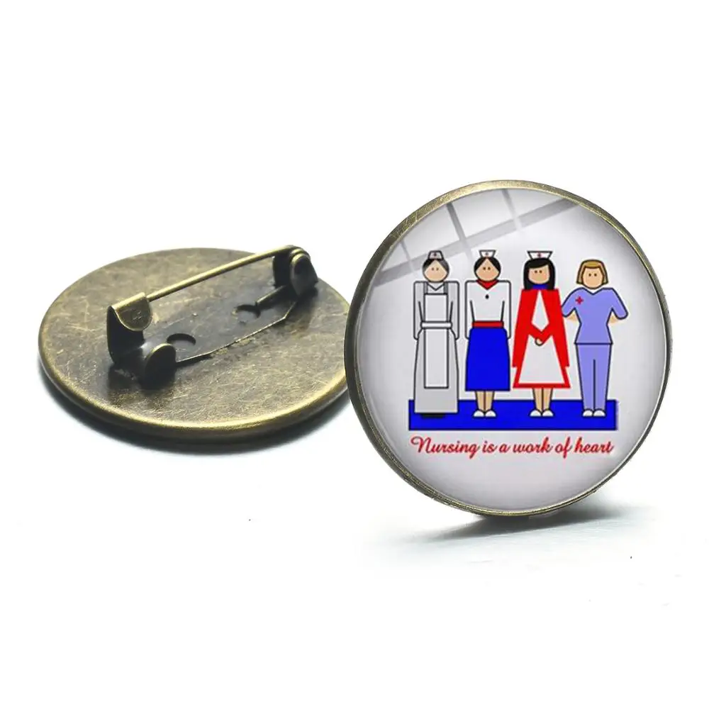 SIAN Cool Style Nurse Symbol Brooch Nursing Is A Work of Heart Cap Stethoscope Glass Round Brooches Hospital Clothes Pins | Украшения и