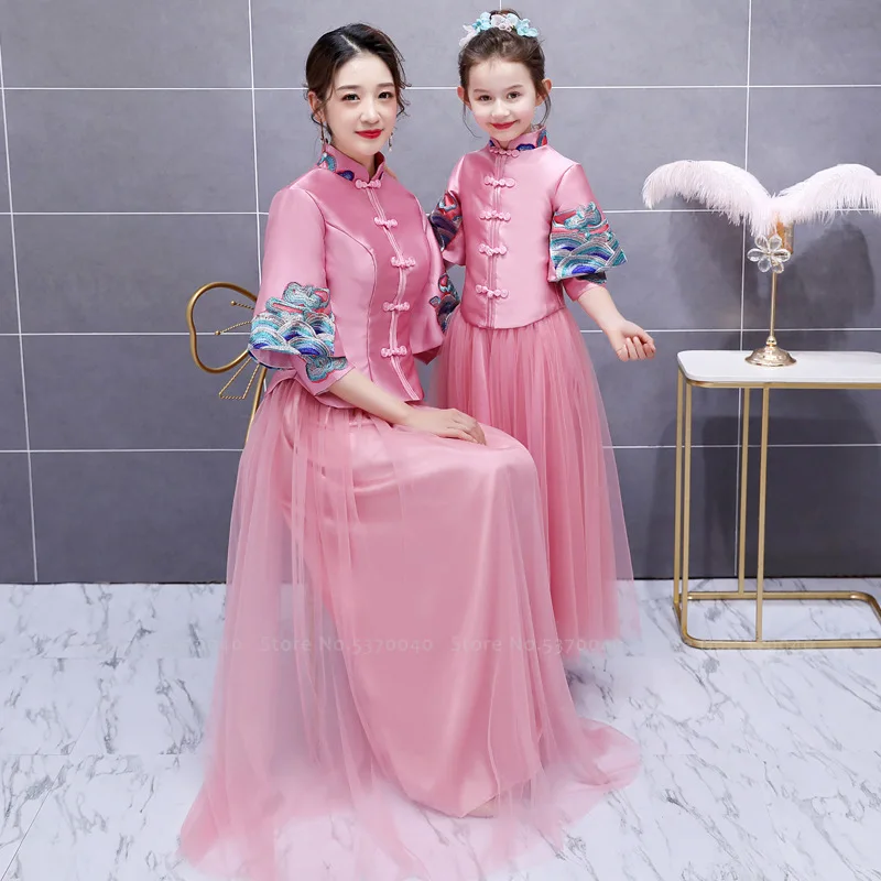 Китайское традиционное платье Тан для матери дочери и девочек вышитый Чонсам
