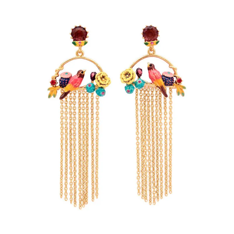 

European and American Handmade Enamel Glaze Cactus Desert Series Bird Flower Tassel Long Earrings Personalized Earrings Ear Clip