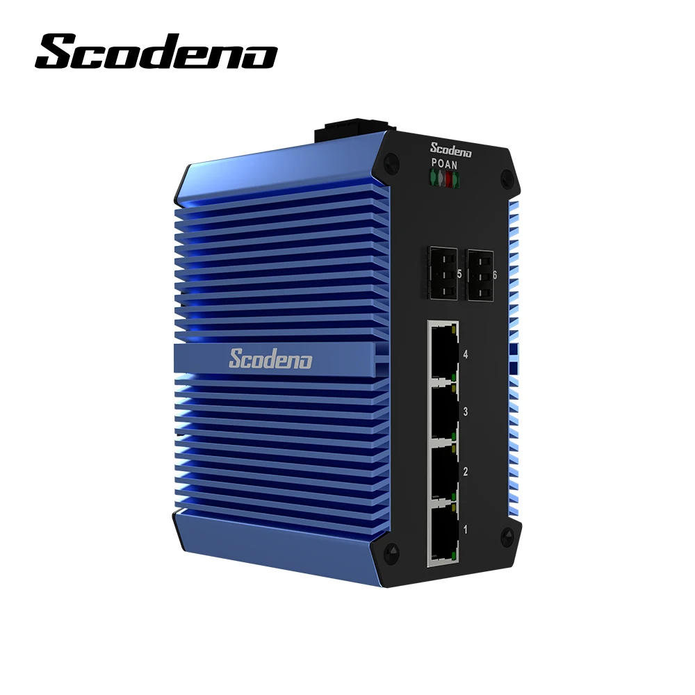 

Scodeno 4 Port Industrial Gigabit PoE+ DIN-Rail Network Unmanaged Switch,120 W Power Budget, 2SFP Slot, IP50