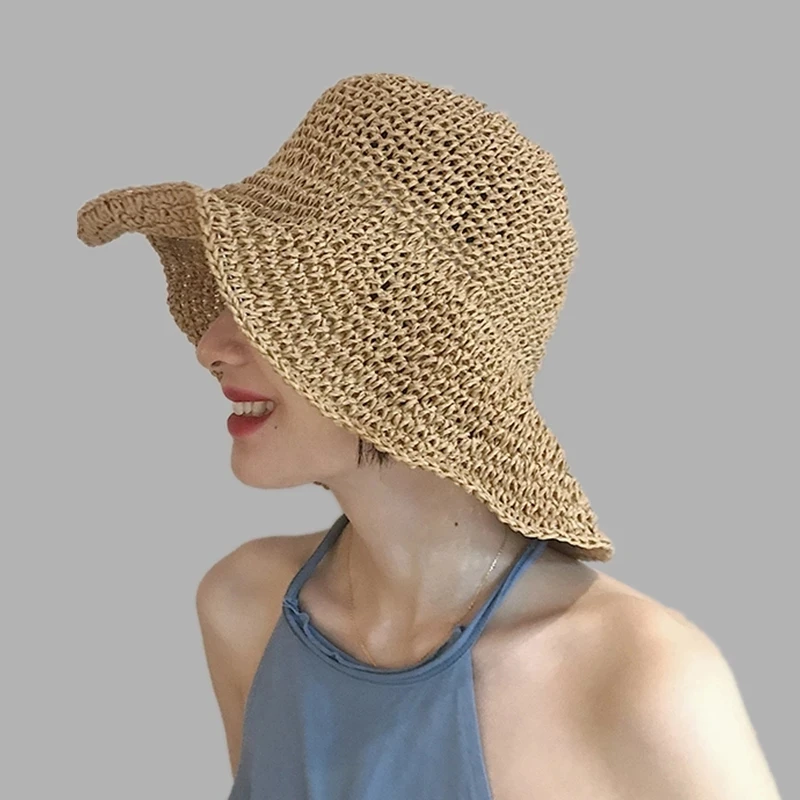 

2022 New Simple Girl Raffia Sun Hat Wide Brim Floppy Summer Hats For Women Beach Panama Straw Dome Bucket Hat Femme Shade Hat