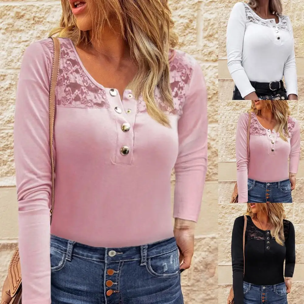 

New Solid Color Women T-Shirts Lace Patchwork Long Sleeve T shirt for Women Buttons O Neck T shirts Top Pullovers femme t-shirts