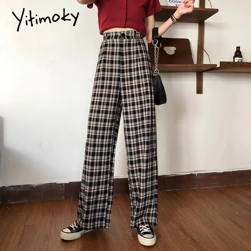Yitimoky женские штаны винтажные клетчатые брюки с высокой талией и эластичной