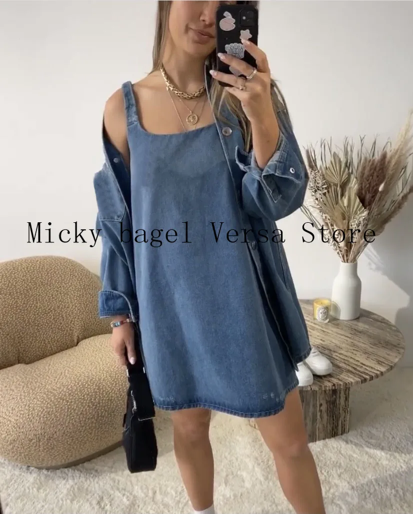 

2021 luxury design high end fashion versatile women's single breasted long sleeve denim coat + suspender dress temperament suit