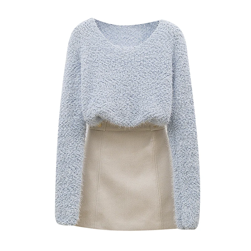 

loose top sweater suits autumn plaid skirt twinset sweaters women knitwear long sleeve O neck outfit casual clothing set