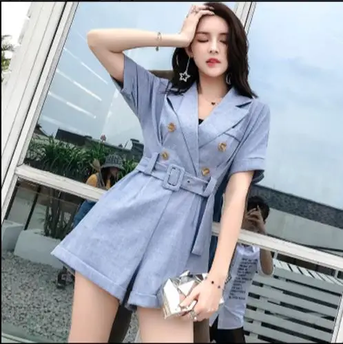 Office Lady Cotton and Linen Blazer Design Summer Women Short Sleeve Rompers Playsuits with Belt Notch Collar Wide Leg RQ438 | Женская