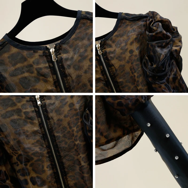 

Sexy Basic Blouse Short PU Patched Puff Sleeve Diamonds Fashion Lady Working Wear Grenadine Leopard Women Bottom Shirt