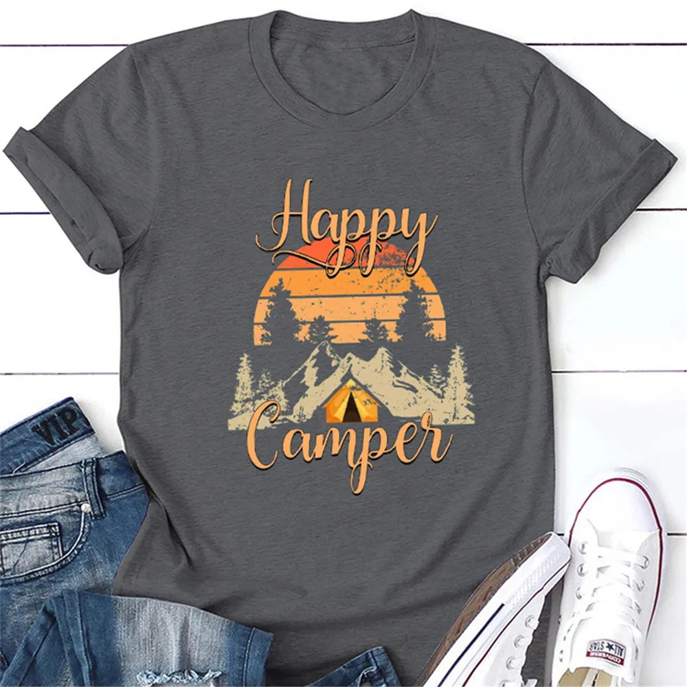 

Women's Tshirts Happy Camper Letter Print Summer Plus Size Casual Clothes Cute Mountain Pine Tent Graphic Tops Ladies Streetwear