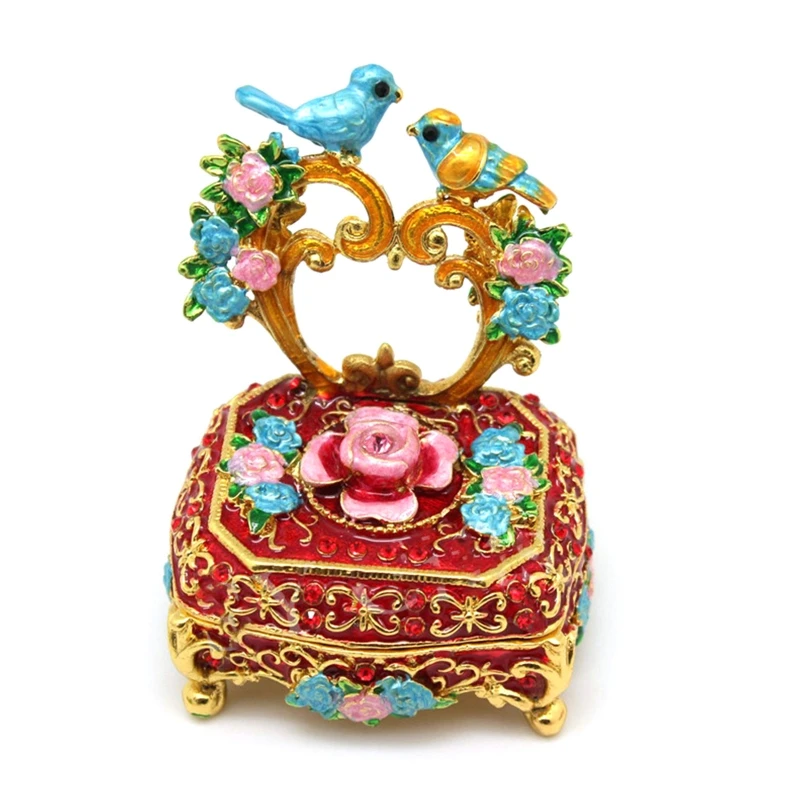 

Retro Jewelry Trinket Box Hand-painted Enamel Storage Box Lovebirds Dressing Table Decoration for Earring Lipstick Watch