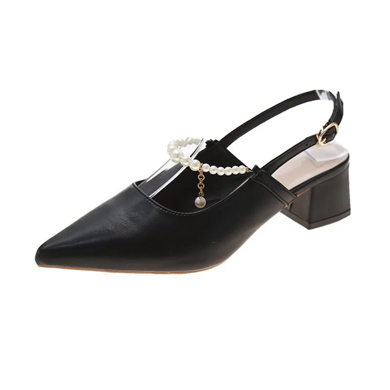 

Block Heels Female Sandal Shallow Mouth 2021 Summer Black Shoes for Women Chunky Girls Pointed Fashion Beige New Clear Pearl Gla
