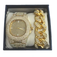2cm hip hop men bracelets gold color ice out crystal miami cuban chain men watch bracelet set hip hop king new