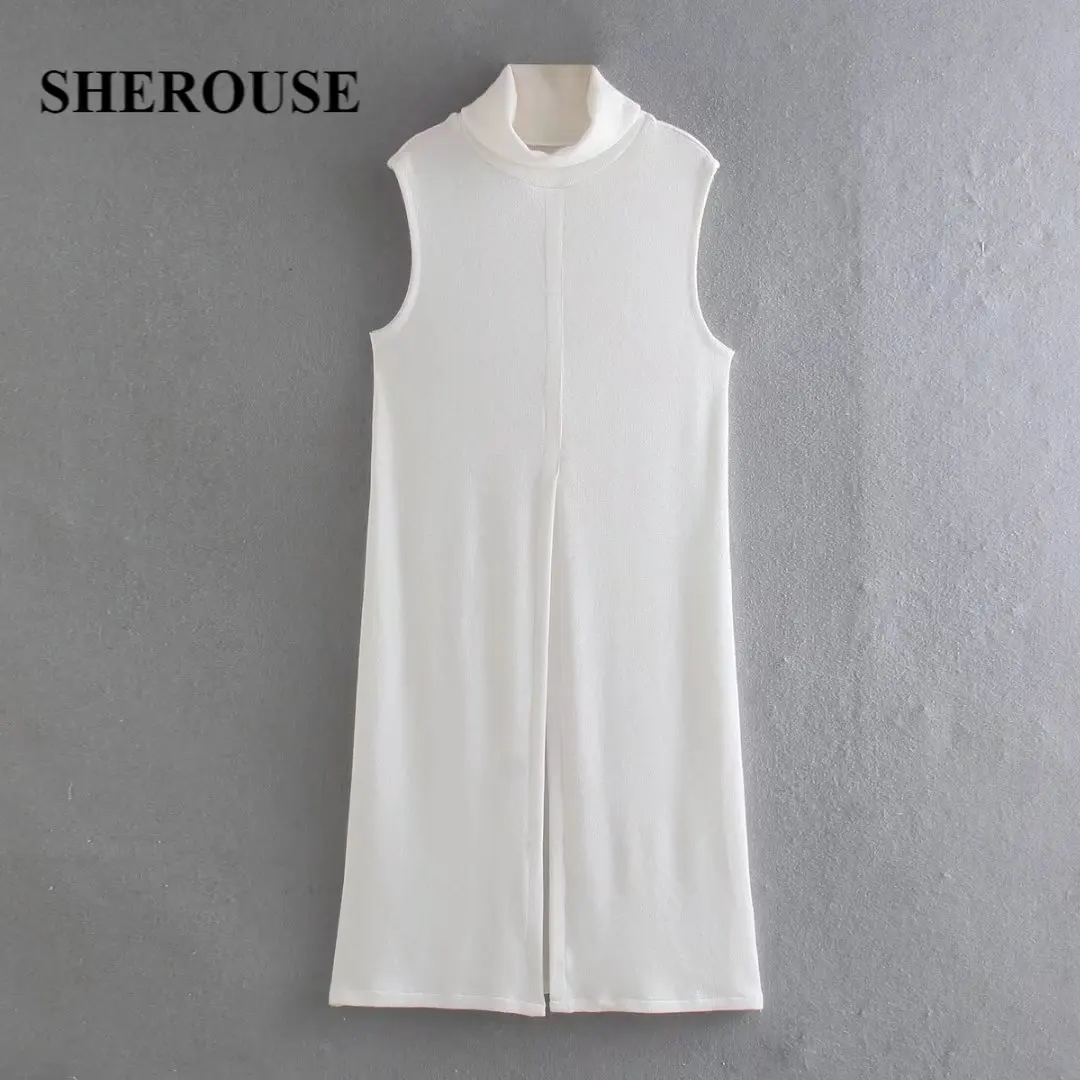 

Женское трикотажное платье-миди Sherouse, белое винтажное платье без рукавов с разрезом спереди и высоким воротом