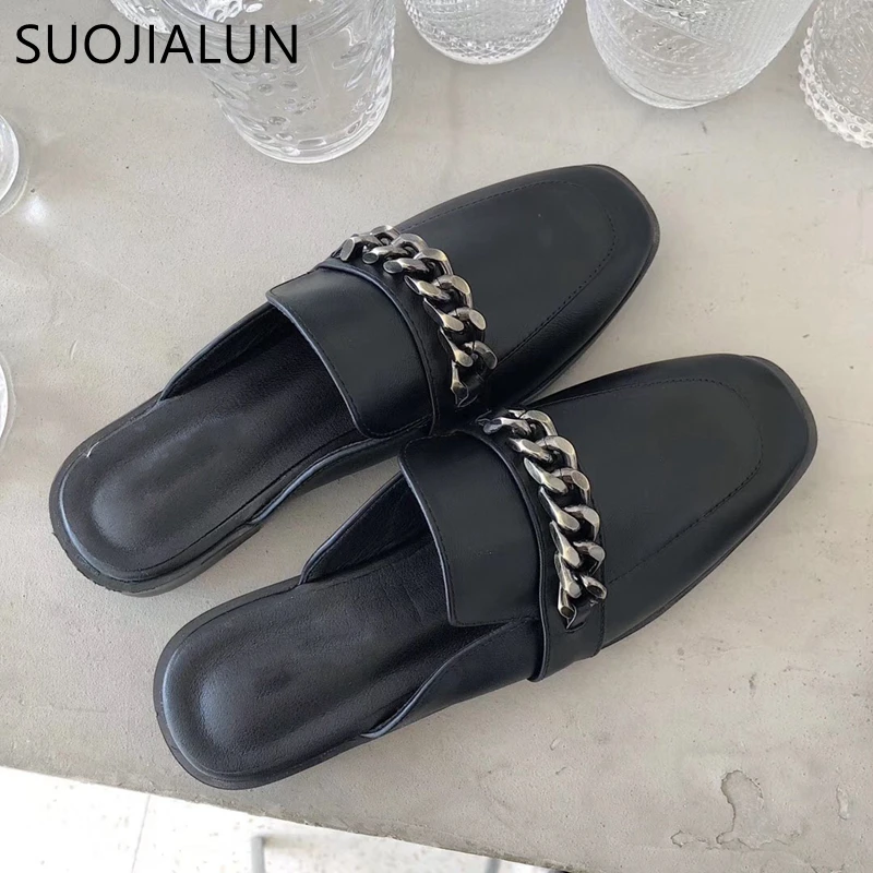 SUOJIALUN/Роскошные Дизайнерские шлепанцы без шнуровки; брендовые босоножки в британском стиле с цепочкой; шлепанцы на плоской подошве с круглым носком; большие размеры 41