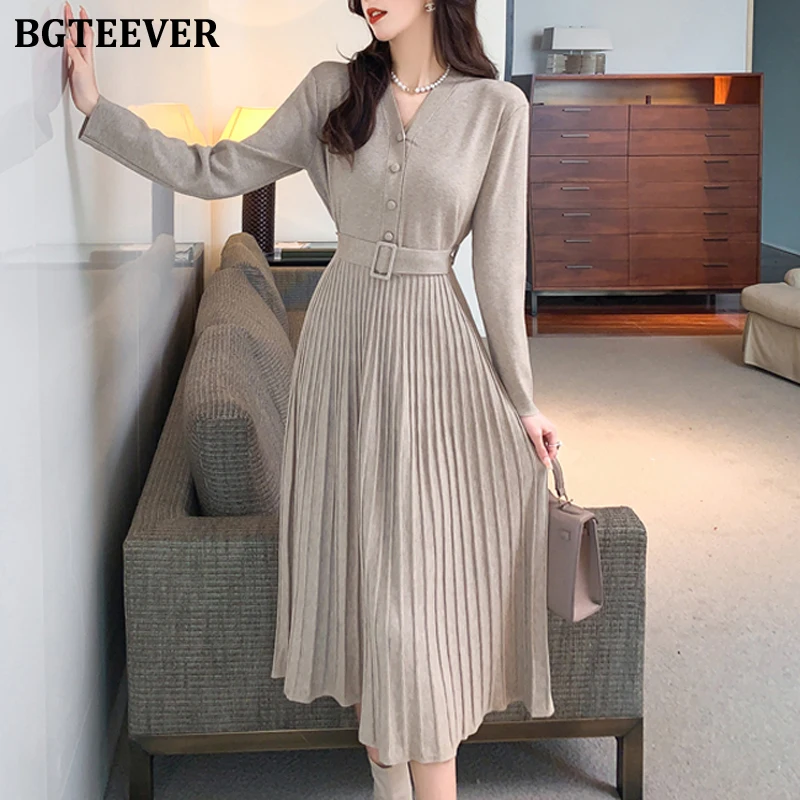 Элегантное однобортное женское трикотажное плиссированное платье BGTEEVER с V-образным вырезом и длинным рукавом, осенне-зимнее женское платье...