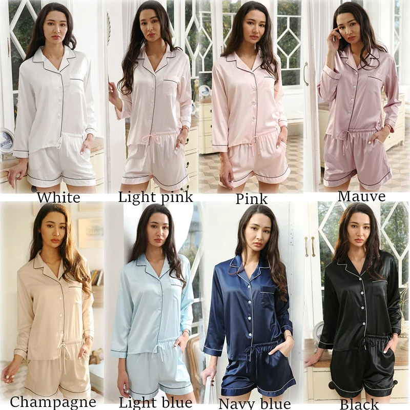 Women Silk Pajama Sets Short Sleeve Pijamas Set Womens Ladies Satin Pyjama Set Silky Summer Lounge Wear Pajamas