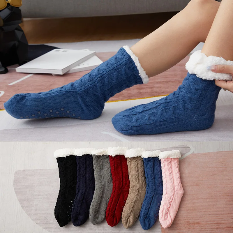 Winter Knitted Socks Women Thicked Woolen Warm Cotton Sock Home Non-Slip Bedroom Slippers Indoor Floor Sleep Socks
