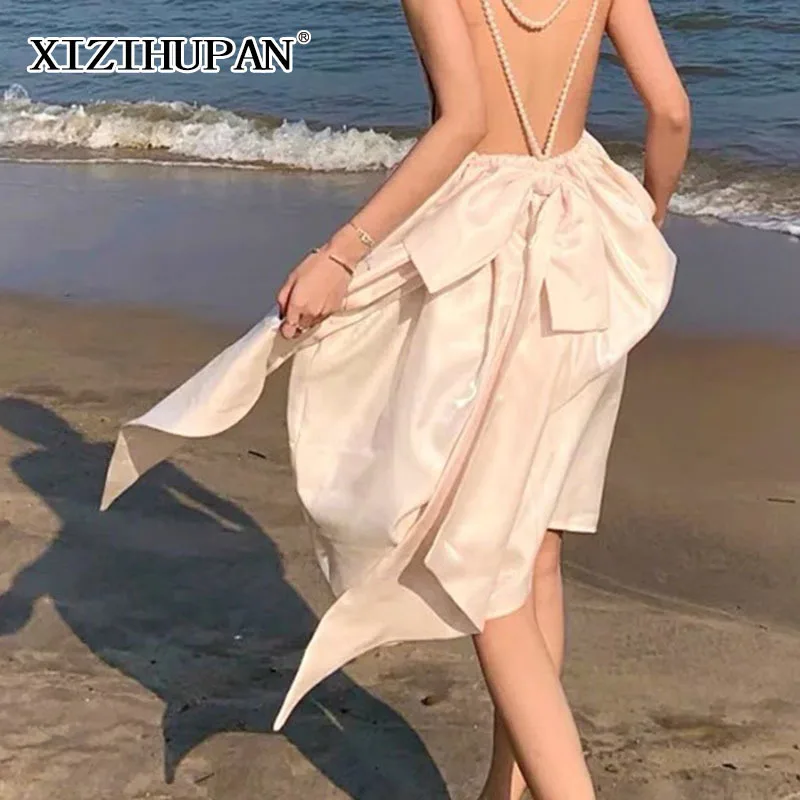 

XIZIHUPAN Sexy Bowknot Dress For Women Backless Sleeveless Patchwork Solid Temperament Dresses Female Summer Fashion New 2021