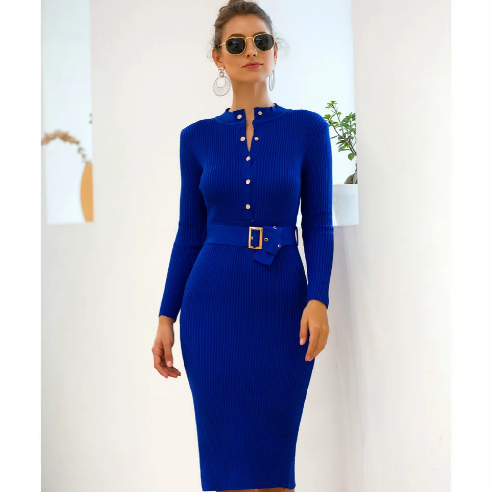 

Uguest Female Knitted Winter Warm Dress Office Lady Buttons Sashes Belt Stand Neck Long Sleeve Solid Pencil Cotton Party Dress