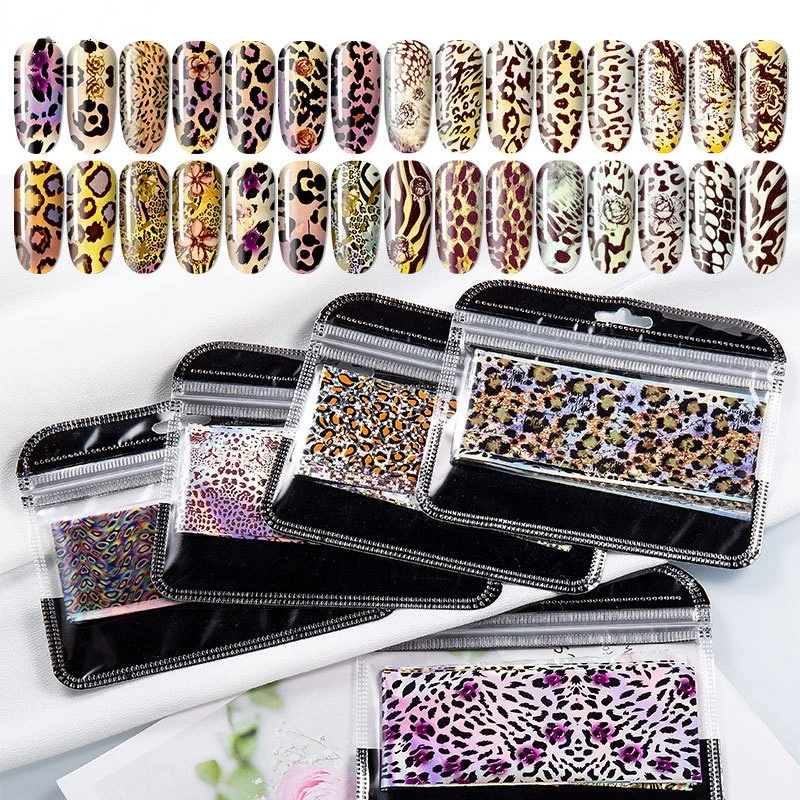 

4*20cm Leopard Print Stickers Laser Nail Transfer Foil Abstract Colorful DIY Design Nail Tips Decor Transfer Decals 10/14/16pcs