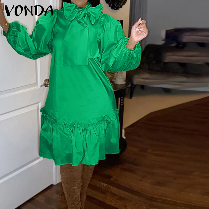 

Women Elegant Bowknot Dress Long Sleeve Lace-up Mid-Calf Party Dress Beach Holiday Sundress 2021 VONDA Casaul Robe Femme