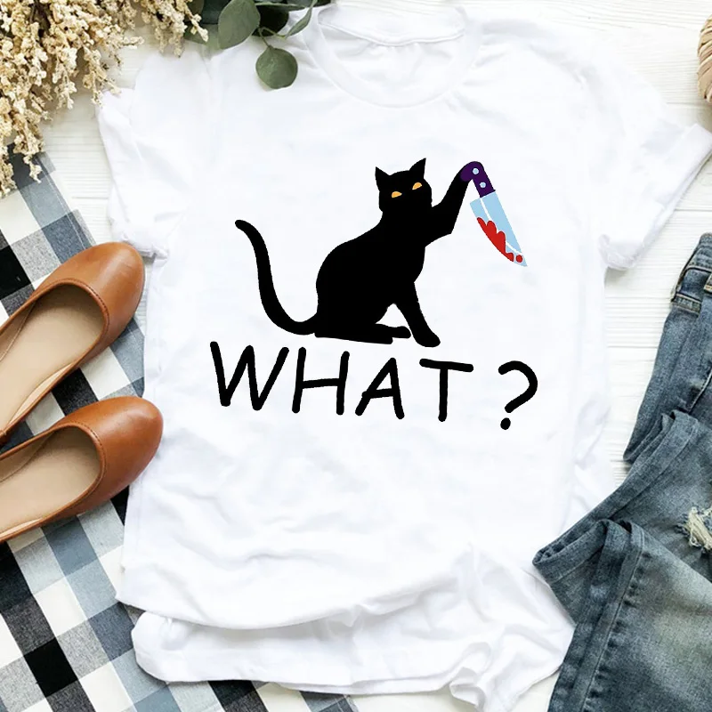 Женская футболка с рисунком в виде кошки на Хэллоуин|Футболки| |