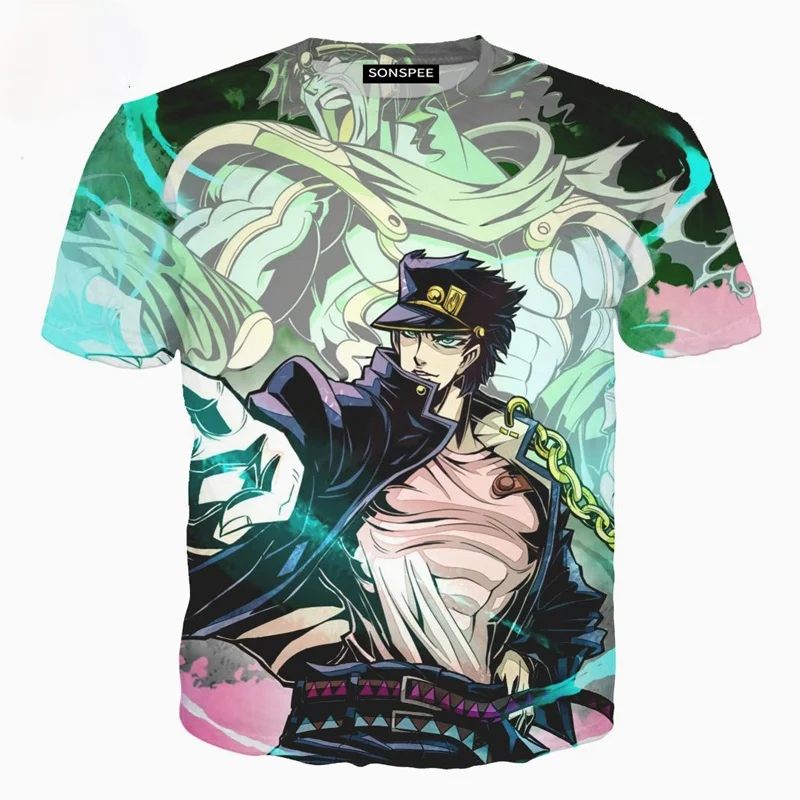 

Футболка Летняя с 3D-принтом аниме «невероятные приключения Джоджо», Модный повседневный топ с коротким рукавом и круглым вырезом в стиле хи...