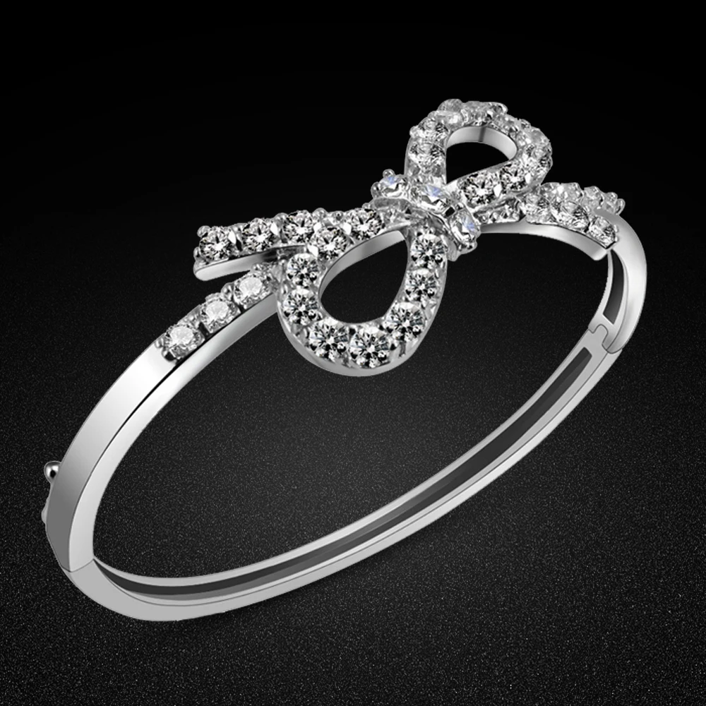 

Charm Heart Bangles & Bracelets For Women Zircon Hand Female Jewelry Wholesale silver Ribbon 2017 Solid 925 Sterling Silver