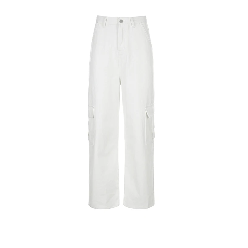 

2021 Women Pants High Waist Button Up Loose Wide Leg Ladies Casual Cargo Pockets Denim Korean High Street Trousers