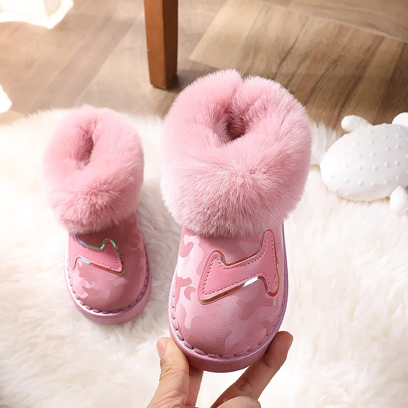 Botas de nieve para ni&ntilde;os, zapatos c&aacute;lidos sin cordones con forro de piel, impermeables para caminar, para invierno-0