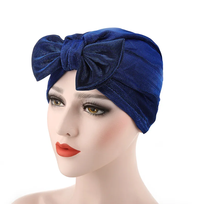 

2020 New Luxury Soft Chemo Beanie Cap Sleep Comfort Turban Hat Gold Bow India Cap Bright Silk Turban Cap For Women