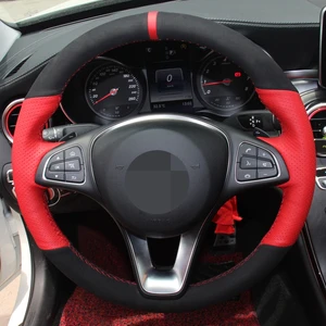 diy hand stitched black suede cow leather car steering wheel cover for mercedes benz c180 c200 c260 c300 b200 free global shipping