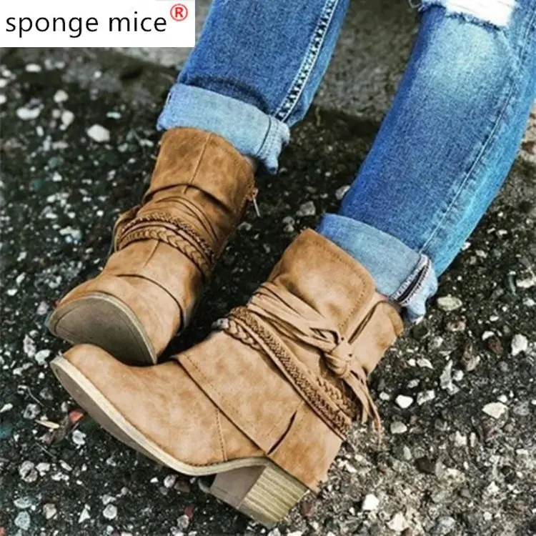 

2020Winter New Women Ankle Boots Fringe Decoration Irregular Design Mid-Heel Boots Ladies Casual fold boots size 43 womens shoes