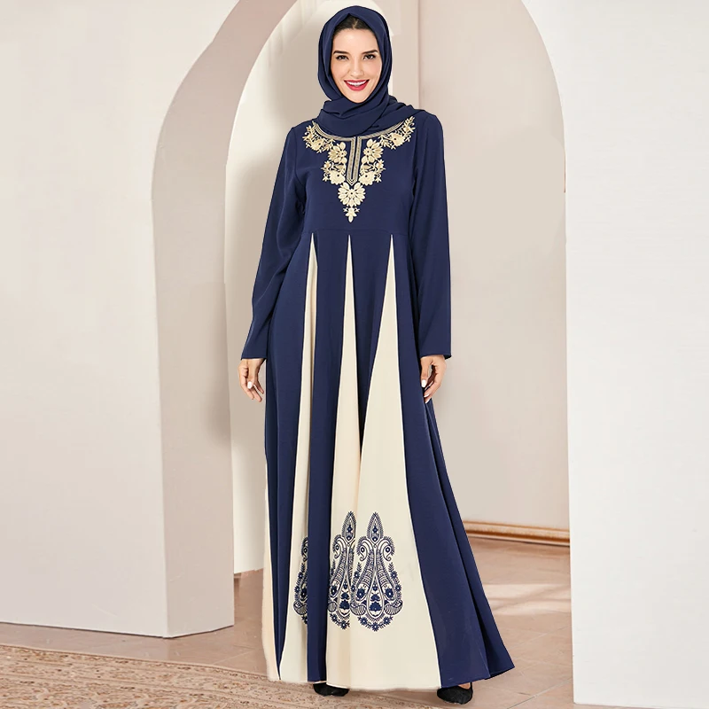 Женское винтажное платье Siskakia синее в этническом стиле с вышивкой мусульманском