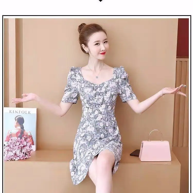 

2021 summer new girlfriends dress belt dress knee-high platycodon grandiflorum French small fresh floral chiffon dress