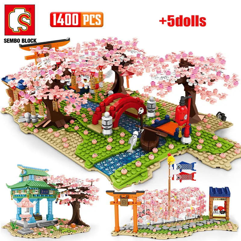 

City Street View Sakura Inari Shrine Building Blocks Friends Cherry Blossom Creator House Tree Construct Brick Toys for Children