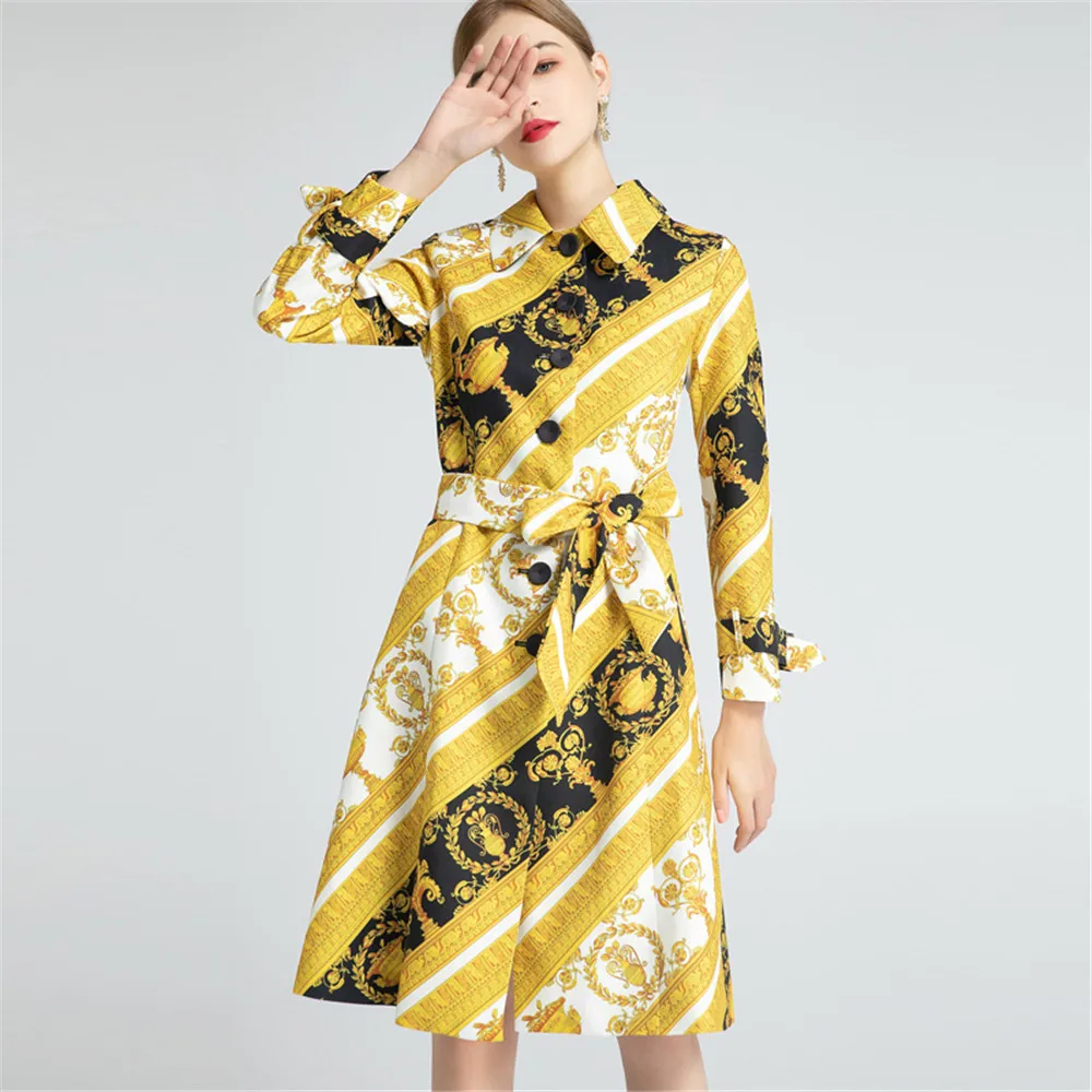 

2021 SPRING POINT COLLAR VINTAGE PRINT BELTED DRESS