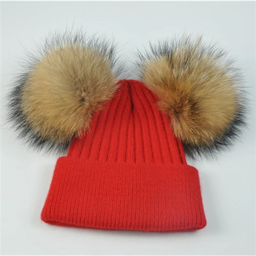 Red natural fur Женская зимняя шапка с двойным меховым помпоном, женский шерстяной съемный меховой вязаный шарик, Шапка-бини с 2 натуральными цветными помпонами из меха енота - Цвет: Red natural fur