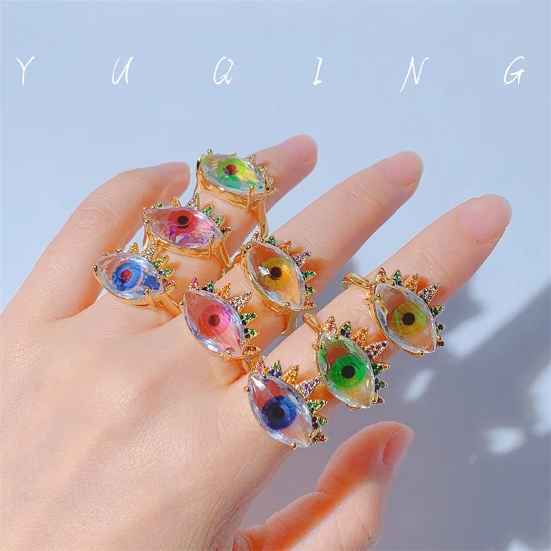 

New Style Blue Eyes Crystal Colorful Ring Opening Adjustable Metal Ring Female
