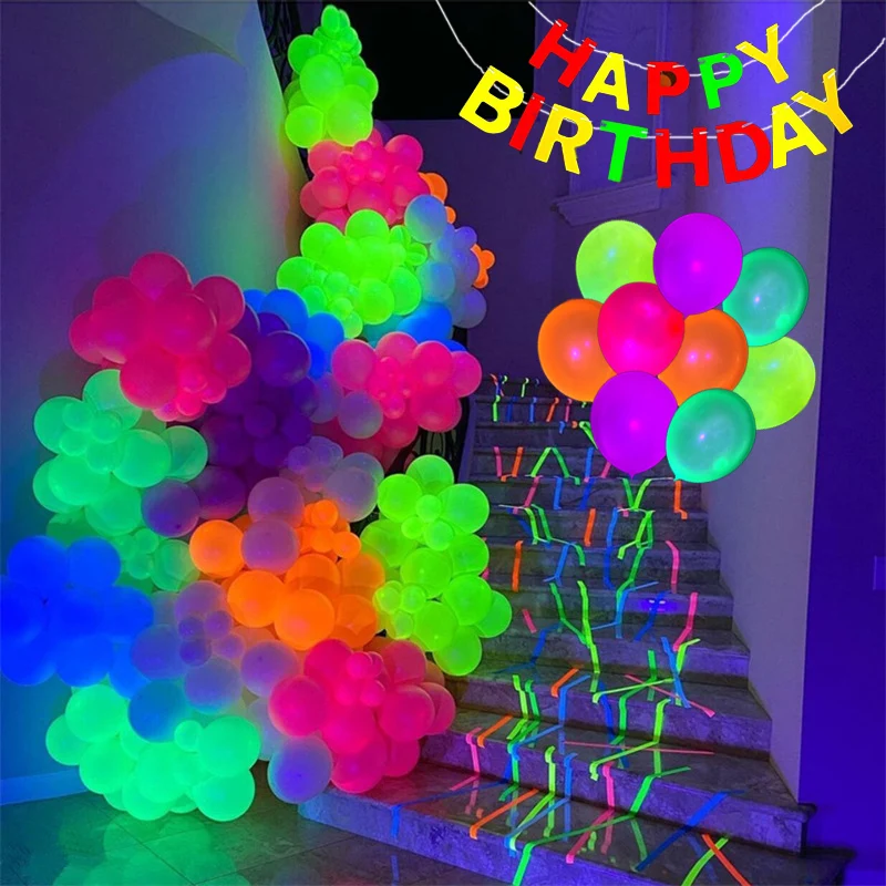 

100Pcs Neon Balloons Happy Birthday Balloons UV Glow Balloons Blacklight Birthday Party Decor DIY Fluorescent Balloon Arch