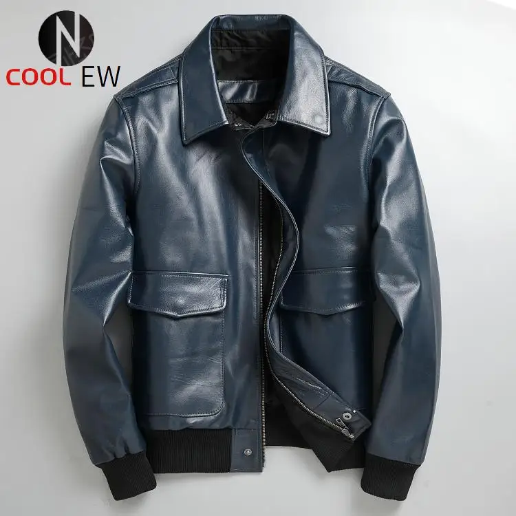 

Free shipping.2021 brand new blue leather jacket.classic air force natural goatskin coat.classic A2 style leather cloth.Quality