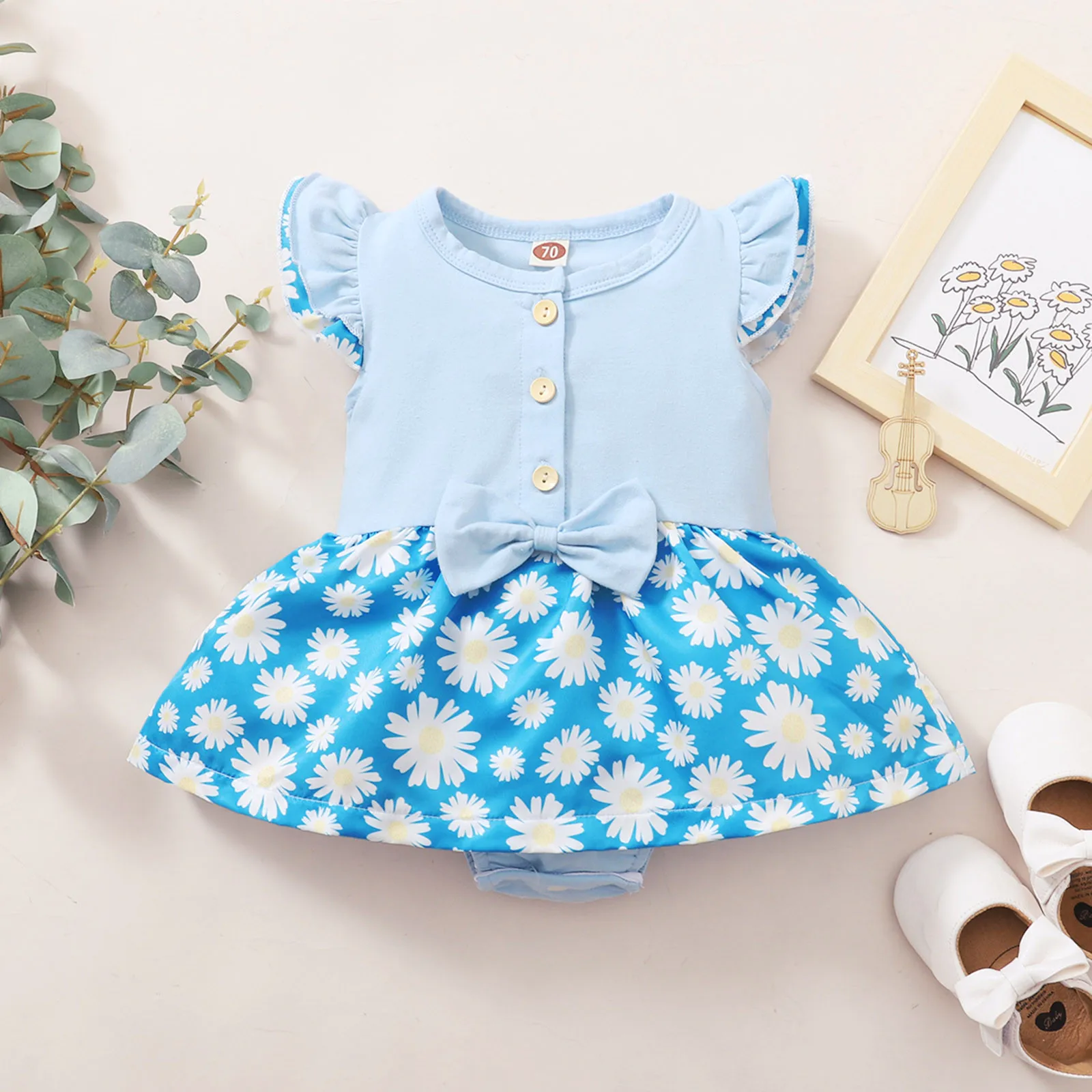 

Newborn Baby Girls Dress Bodysuit Infant Summer Bodysuits Fly Sleeves Bow Floral Printed Buttons Jumpsuit Clothes 3-18 Months