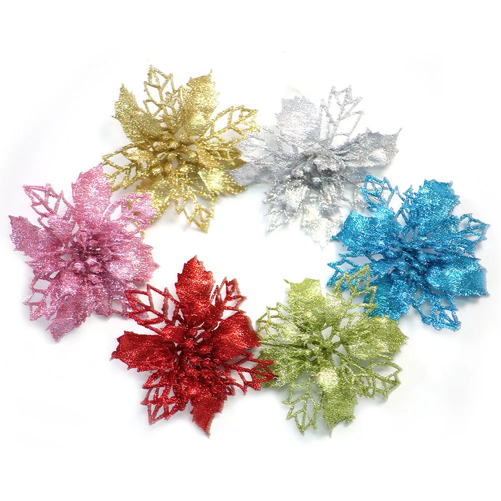 

10pcs Artificial Christmas Flowers Glitter Fake Flowers Merry Christmas Tree Decor Home DIY Xmas Gifts Ornament Navidad 2021