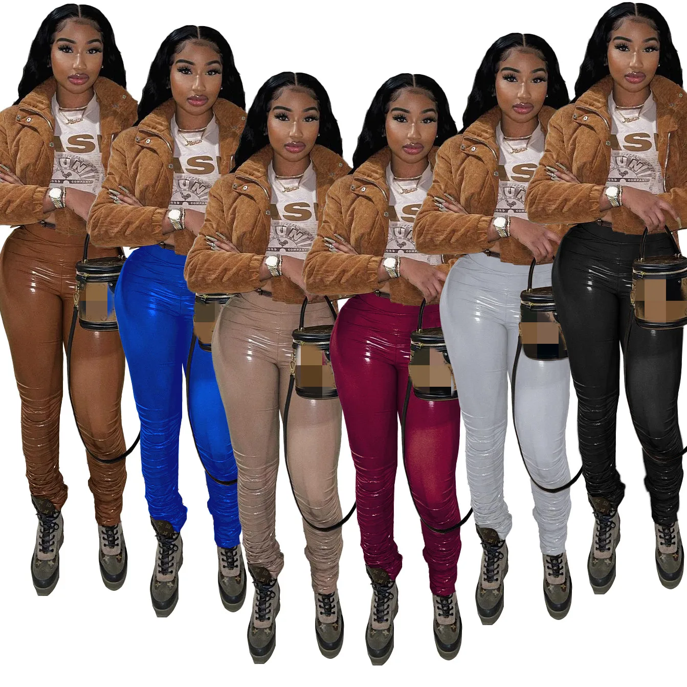 

JRRY Casual Women Faux Leather Pants Pleated Legs PU Leather Capris Trousers Skinny High Street Outdoor Wears